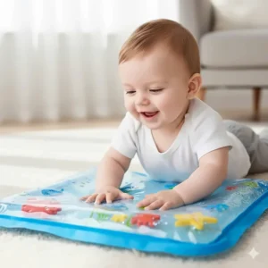 Close-up of a baby touching an easy setup water play mat to develop motor skills and sensory awareness.