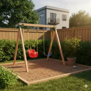 A compact, space-saving swing set design ideal for smaller urban backyards in cities like Toronto or Vancouver.