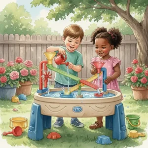 Illustration of water flowing through ramps and funnels to teach basic physics to preschoolers.