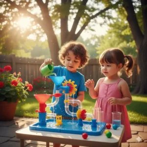Preschoolers engaging in STEM learning with a modular water flow toy set on a patio during a bright Canadian summer day.