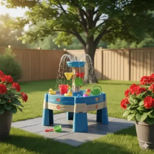 A multi-level toddler water table with ducks and buckets, perfect for sensory summer play in a fenced Ontario backyard.