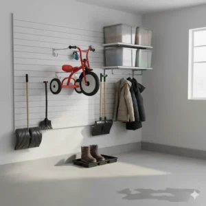 Illustration showing how to fold or store a toddler tricycle in a garage or shed during a Canadian winter.