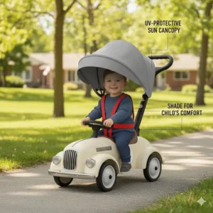 Illustration of a toddler push car with parent handle and UV-protective canopy for sunny Canadian summers.