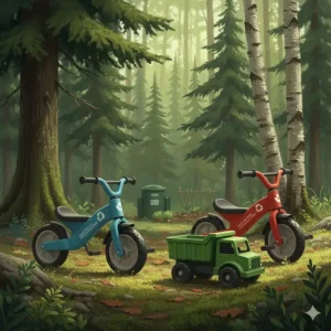 Illustration of eco-friendly, durable outdoor ride-on toys made from recycled materials for conscious Canadian parents.