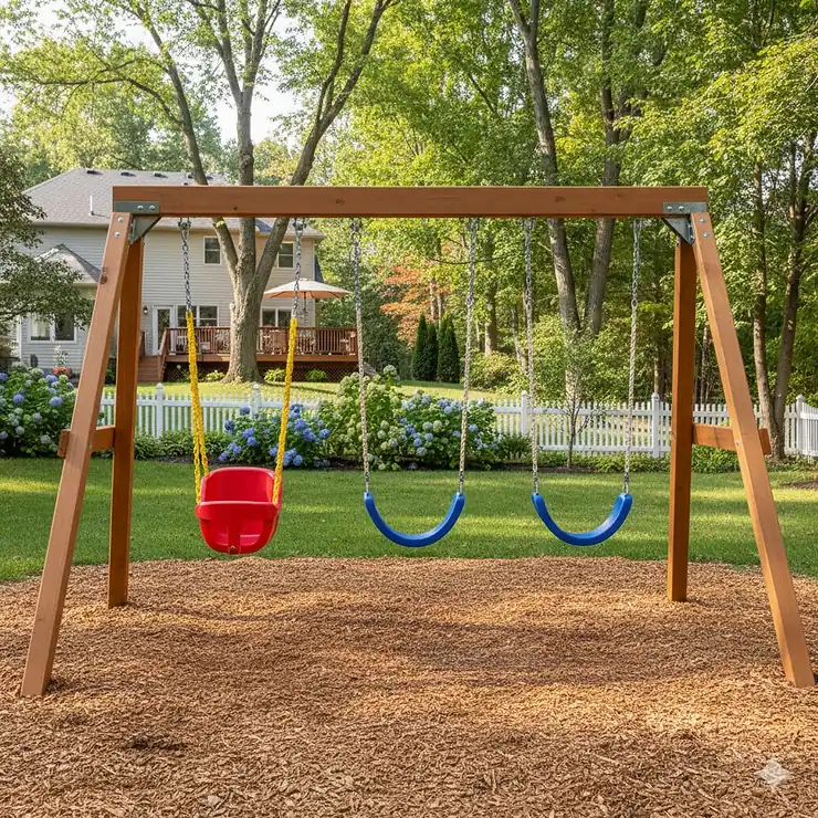 A durable wooden swing set for preschoolers installed in a grassy Canadian backyard, featuring two belt swings and a toddler bucket swing.