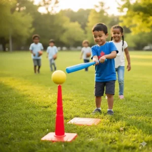 A colorful plastic T-ball set designed for preschooler hand-eye coordination development in a park setting.