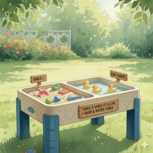 Educational graphic of a sand and water table (table à sable et à eau) with bilingual English and French labels.