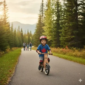 A preschooler riding a wooden balance bike on a paved Canadian trail, showing essential beginner sports equipment.