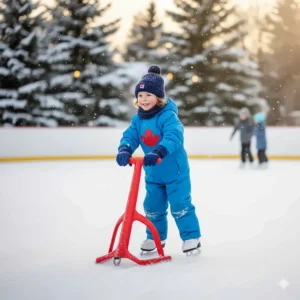 A preschooler using a red ice skating trainer aid on an outdoor Canadian rink during winter.