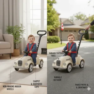 Illustration of a versatile ride on car with parent handle suitable for Canadian basements and driveways.