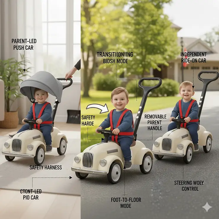 Illustration showing the evolution of a ride on car from parent-led push car to independent toddler foot-to-floor car.