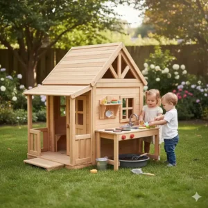 An outdoor playhouse for toddlers with a built-in play kitchen and mud-pie station for creative play.
