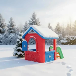 A durable plastic outdoor playhouse for toddlers covered in light snow during a Canadian winter.