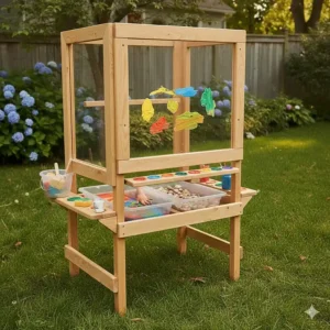 A child-sized outdoor art station for kids with integrated bins for sensory play and finger painting.