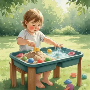 Illustration of a 3-year-old exploring textures at a sand and water table, promoting sensory development.