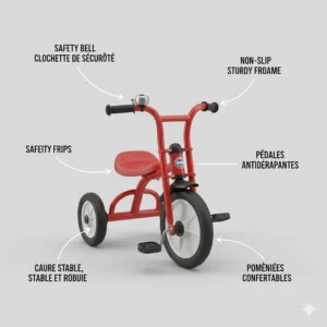 Illustration of a tricycle for a 3 year old highlighting safety bells, non-slip pedals, and a secure frame for Canadian safety standards.