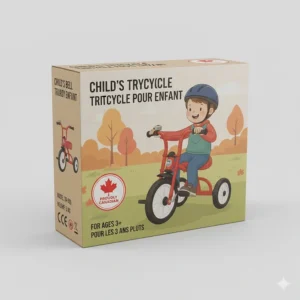 Illustration of tricycle packaging featuring bilingual English and French text (Tricycle pour enfant de 3 ans) for the Canadian market.