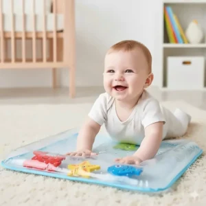 Happy infant practicing tummy time on an easy setup water play mat with bright floating foam toys.