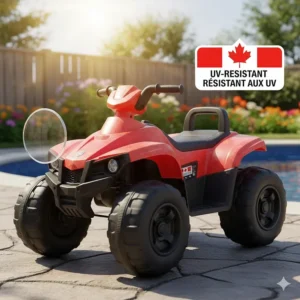 Illustration showing UV-resistant coating on durable outdoor ride-on toys to prevent fading in the Canadian sun.