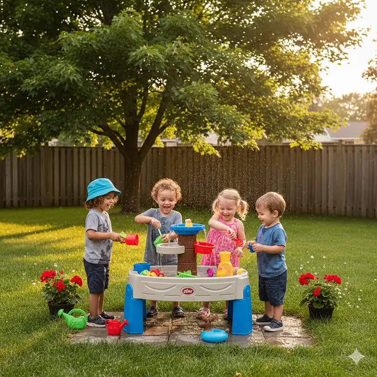 Preschool children playing with colorful water toys in a Canadian backyard during a sunny summer afternoon. water play toys for preschoolers summer