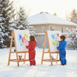 Children using an outdoor art station for kids to paint on snow in a bright Canadian winter setting.
