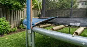 Wide-angle view of a 12 ft trampoline with safety enclosure set up in a suburban backyard.