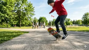 Illustration of a 7.5 inch skateboard being used for technical street tricks and flips, ideal for smaller Canadian skaters.