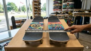 Top-down comparison of a 7.5 inch vs 8 inch skateboard deck showing the 0.5 inch difference in foot surface.