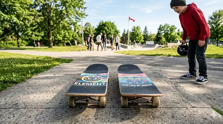 A 7.5 inch and 8 inch skateboard side-by-side on a Canadian sidewalk, comparing deck widths for an 11-year-old beginner. 7.5 vs 8 inch skateboard for 11 year old