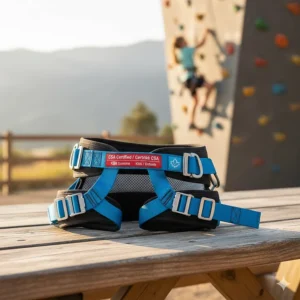 Diagram of an adjustable outdoor climbing harness for kids with padded leg loops and secure auto-locking buckles.
