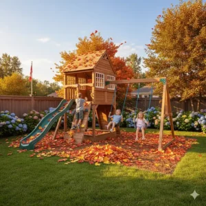 A vibrant illustration of a backyard play structure surrounded by autumn maple leaves, highlighting year-round outdoor fun.