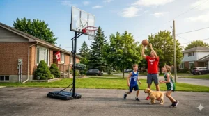 A vibrant illustration of a backyard basketball court setup featuring an affordable portable hoop under $300.