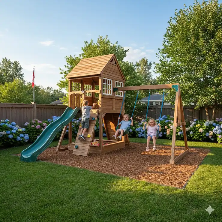 A large wooden backyard play structure for kids 6-8 featuring a slide and swingset in a lush Ontario suburban garden.