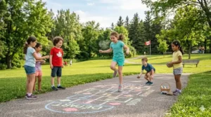 Colorful sidewalk chalk hopscotch with numbers and bilingual French-English greetings for Canadian children's play.