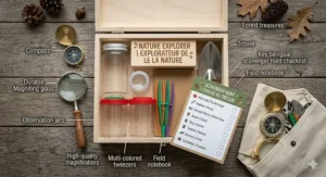 Flat lay illustration of a nature exploration kit for kids featuring a bilingual English and French scavenger hunt checklist.
