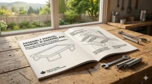 Illustration of a Canadian-compliant assembly manual in English and French for a rectangle trampoline for gymnastics kids.