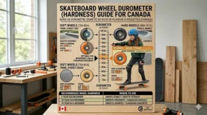 A friendly "Skatepark Rules / Règles du skatepark" sign illustration helping 10-year-old beginners understand park etiquette in Canada.