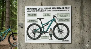 Bilingual English and French trail etiquette sign for young mountain bikers on a Canadian trailhead.