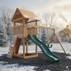 Illustration of a weather-resistant cedar wood play structure designed to withstand Canadian winters and humid summers.
