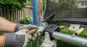View of a trampoline frame showing a "Made in Canada" style safety certification plate.