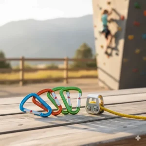 Lightweight, kid-friendly carabiners and belay devices essential for an outdoor climbing equipment starter kit.
