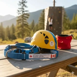 Illustration showing outdoor climbing equipment for kids with bilingual English and French safety instructional labels.