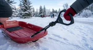 Illustration highlighting freeze-resistant materials designed to withstand -40°C temperatures in a kids sled for Canadian winter.