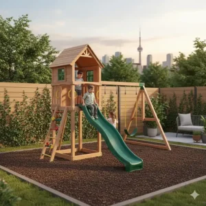 A space-saving backyard play structure for kids 6-8, perfect for smaller urban lots in cities like Toronto or Vancouver.