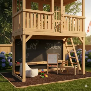 A cozy play nook under a wooden fort with a chalkboard featuring "Play" and "Jouer" for Canadian bilingual families.