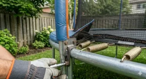 Heavy-duty galvanized steel springs on a 12 ft trampoline with blue safety padding.