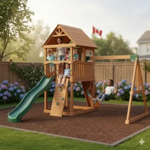 An illustration of Canadian school-aged children playing together on a multi-level wooden swing set and clubhouse.