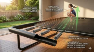Technical diagram showing the superior spring tension and vertical lift of a rectangle trampoline for gymnastics kids, ideal for competitive training.