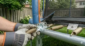 Close-up of the protective blue safety pad covering the springs of a 12 ft trampoline.