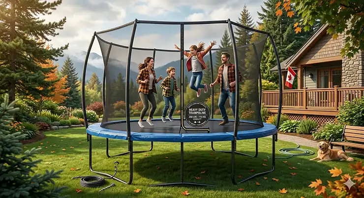 A family jumping on a heavy duty trampoline 250 lbs capacity in a Canadian backyard with mountain views and safety netting.